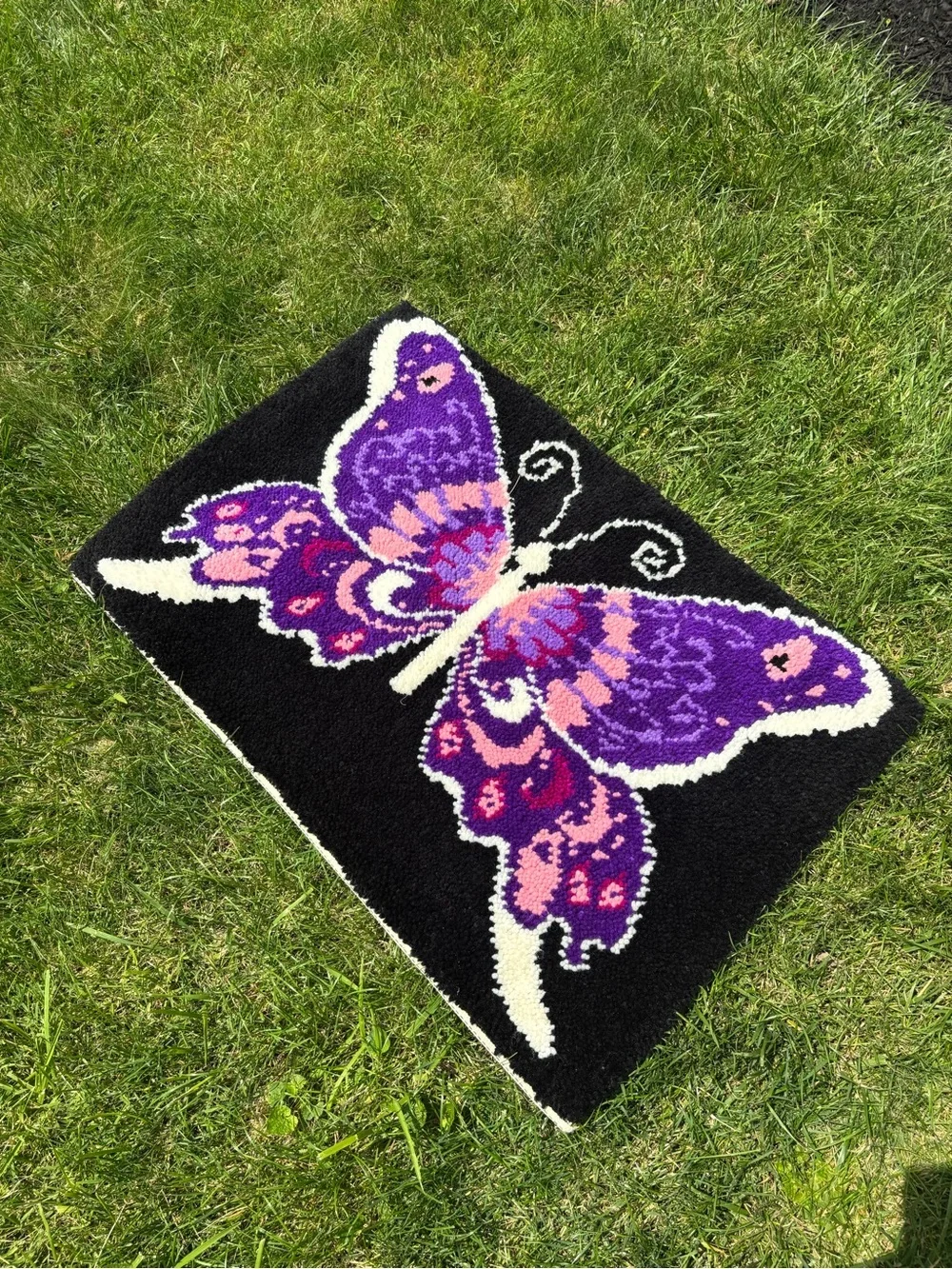 Vintage handmade purple butterfly latchook Purple & Pink Butterfly Accent Rug